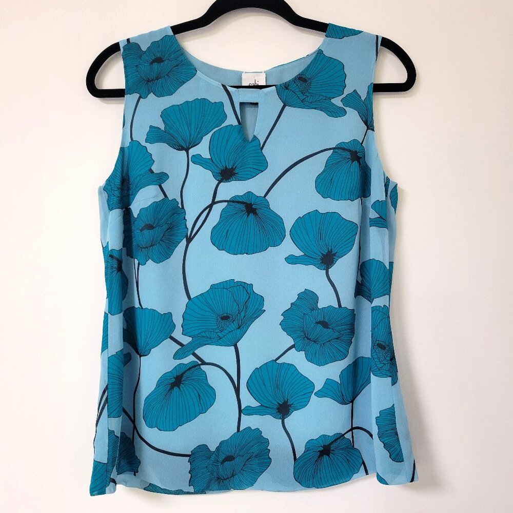 Cabi Blue Poppy Teal Floral Sleeveless Double Layer Blouse Tank